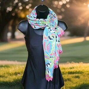 Paisley Print Scarf Pink Pompom Trim Blue Pink Green 20"×67" EUC